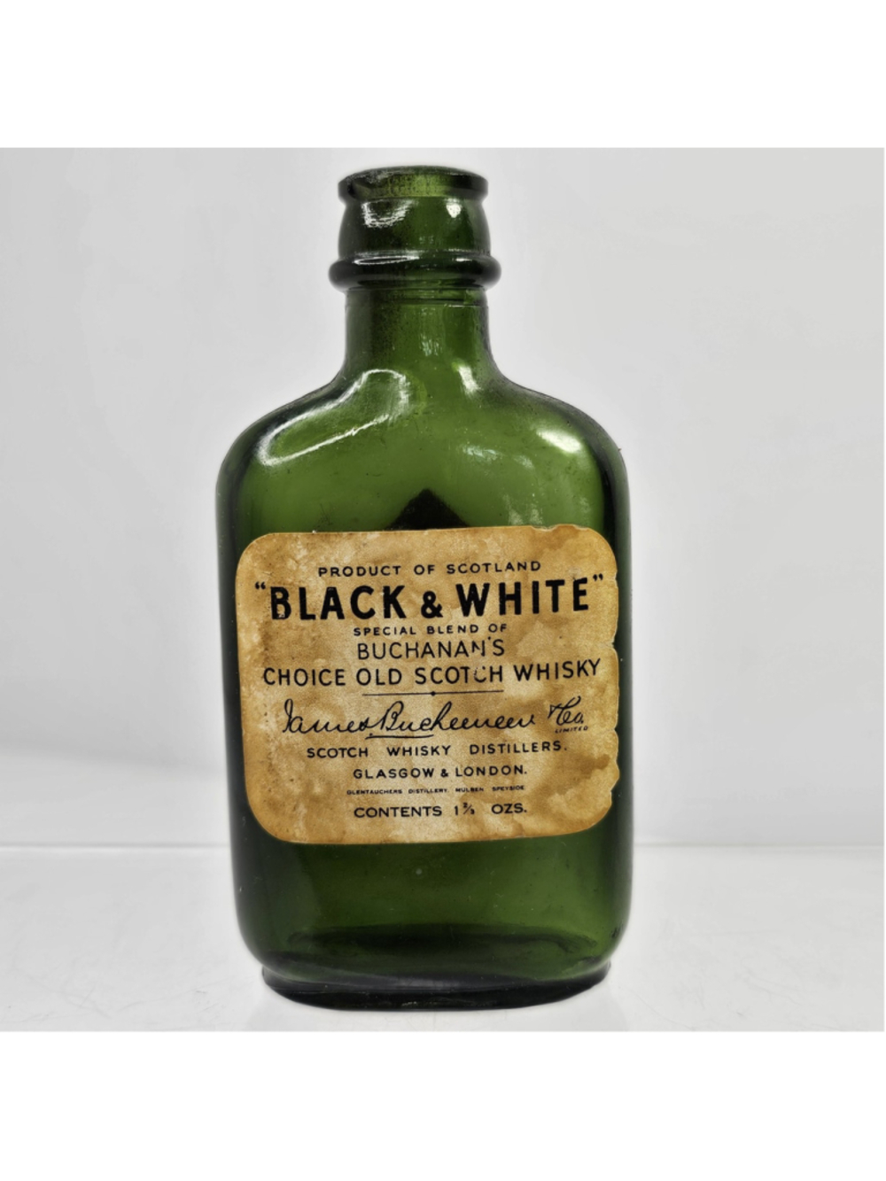 Vintage Black & White Buchanan’s Scotch Whisky Mini Bottle 1 2/3 oz Green Glass
